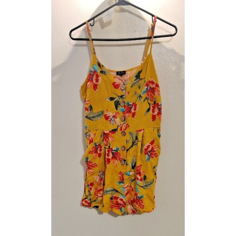 LILY ROSE LINEN BLEND YELLOW FLORAL SHORTS ROMPER SPAGHETTI STRAPS POCKETS Large